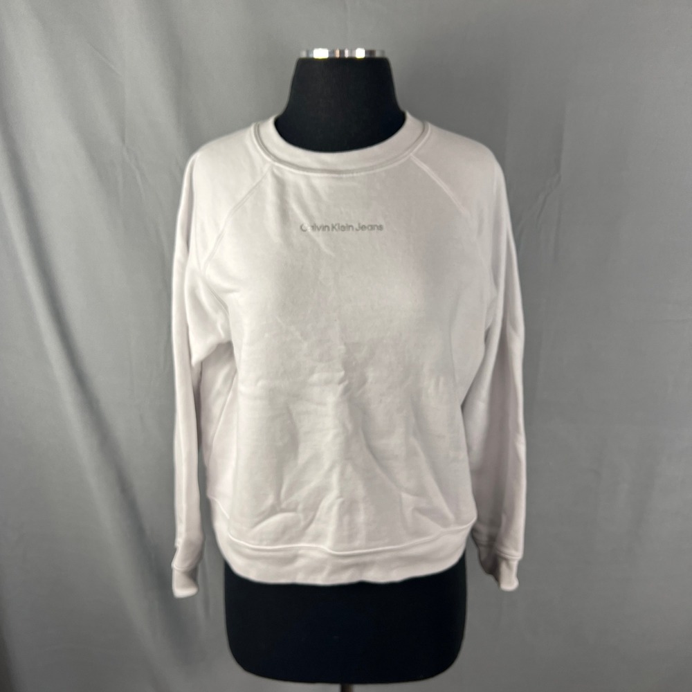 Calvin Klein Sweatshirt Womens Large White Fleece Lined Ribbed Raglan Sleeve